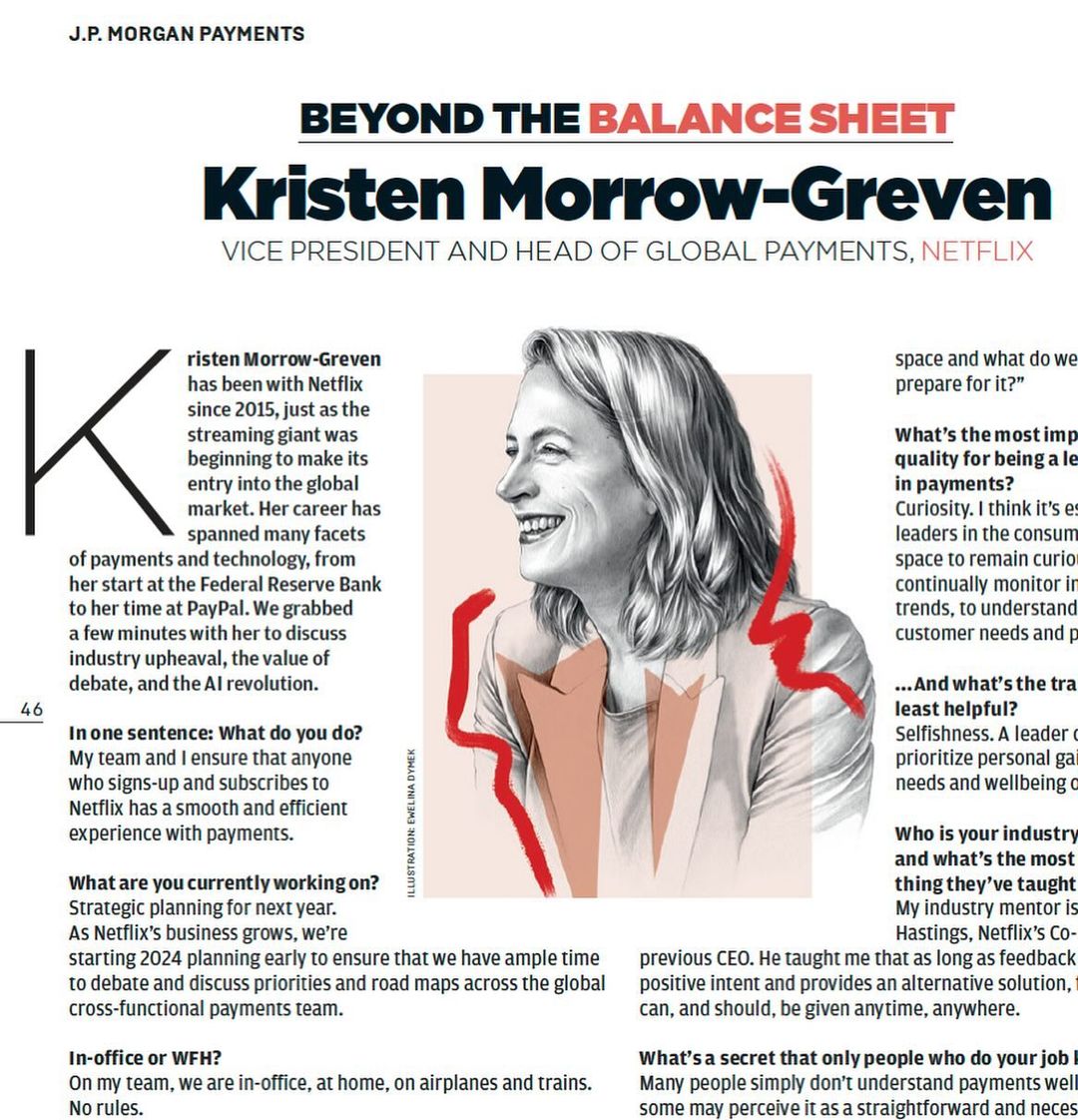 Editorial shot of Kristen Morrow-Greven, Vice President at Netflix, with a warm smile. The image features an illustration and excerpts of an interview.