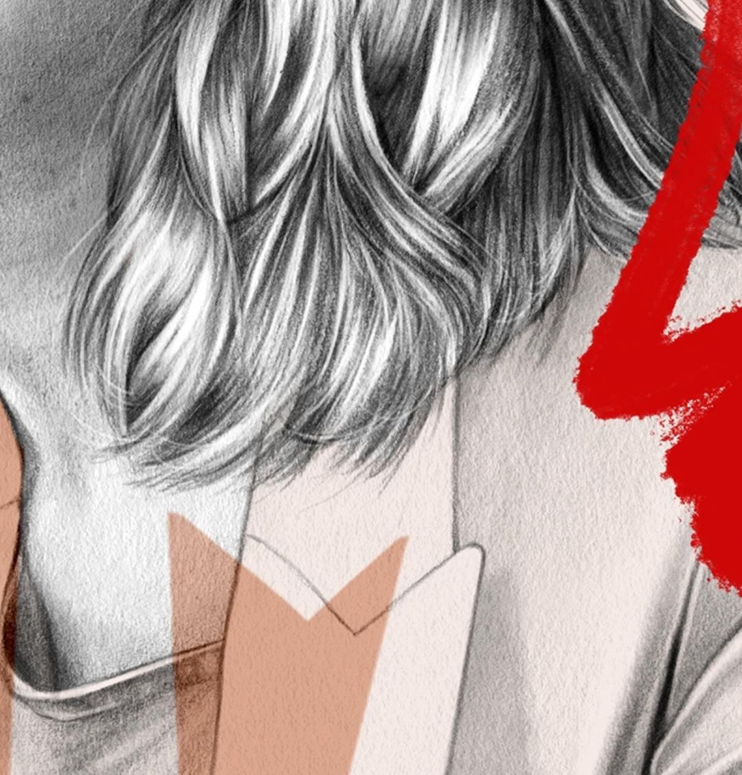 Digital art illustration features a woman with blonde hair and a white jacket, partially visible, against a textured background.