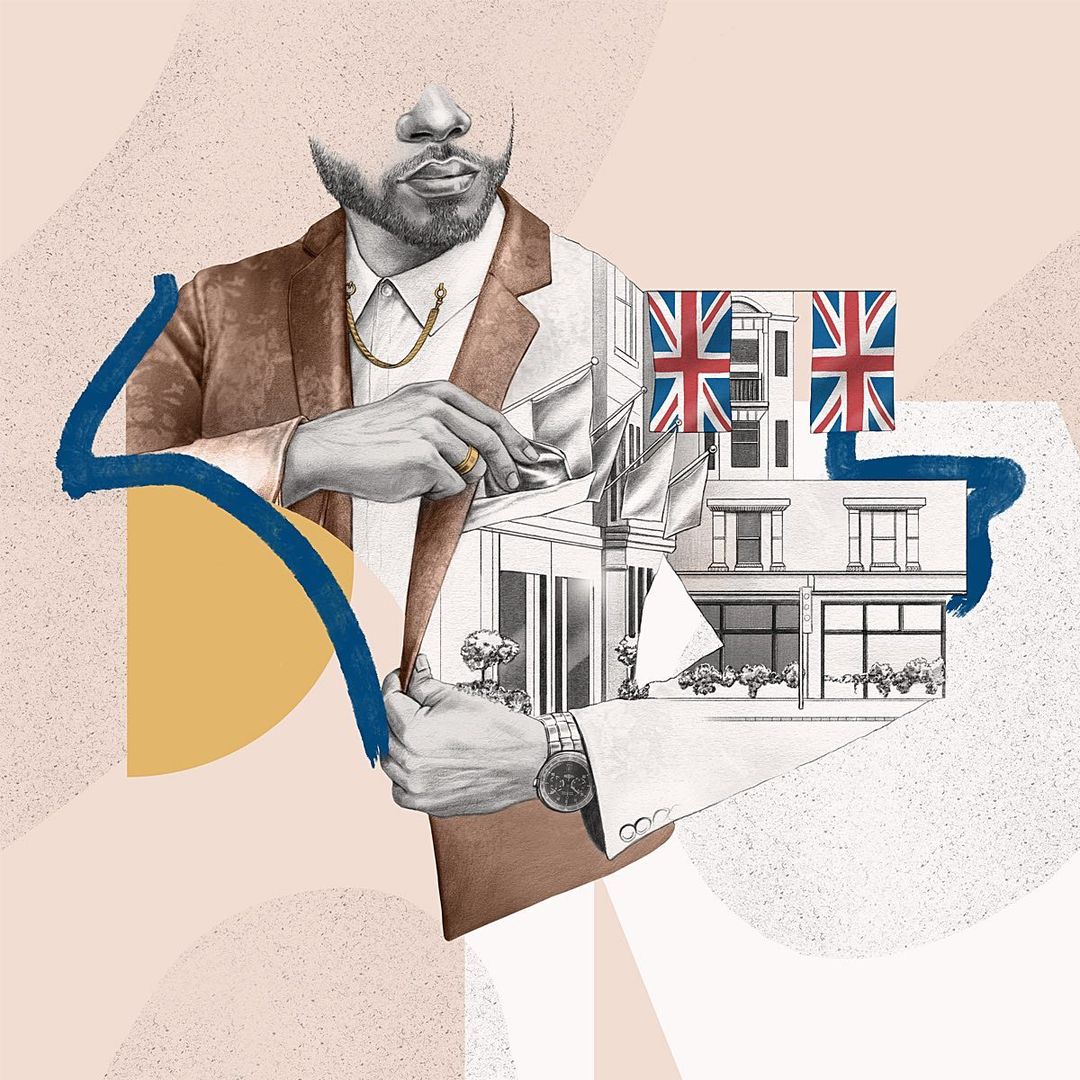 Illustration of a man in a suit combined with an architectural rendering of buildings and British flags in a collage style.