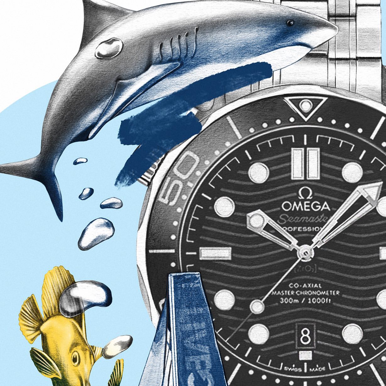 Illustration of a black and silver Omega Seamaster wristwatch with an illustration of a shark and fish, set against a light blue background.