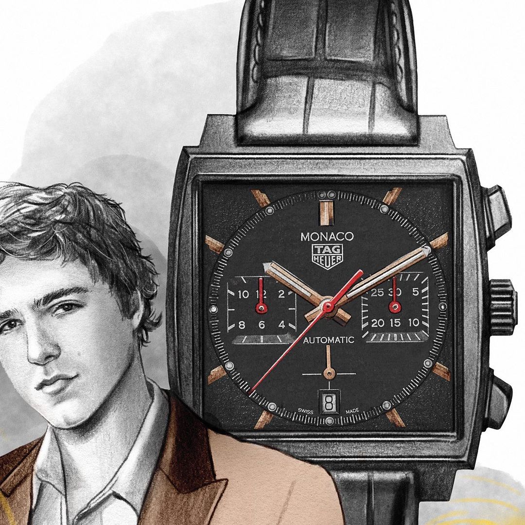 Illustration of a man wearing a blazer next to a TAG Heuer Monaco watch with a black dial and red hands, rendered with pencil shading.