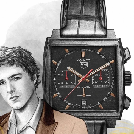 Illustration of a man wearing a blazer next to a TAG Heuer Monaco watch with a black dial and red hands, rendered with pencil shading.