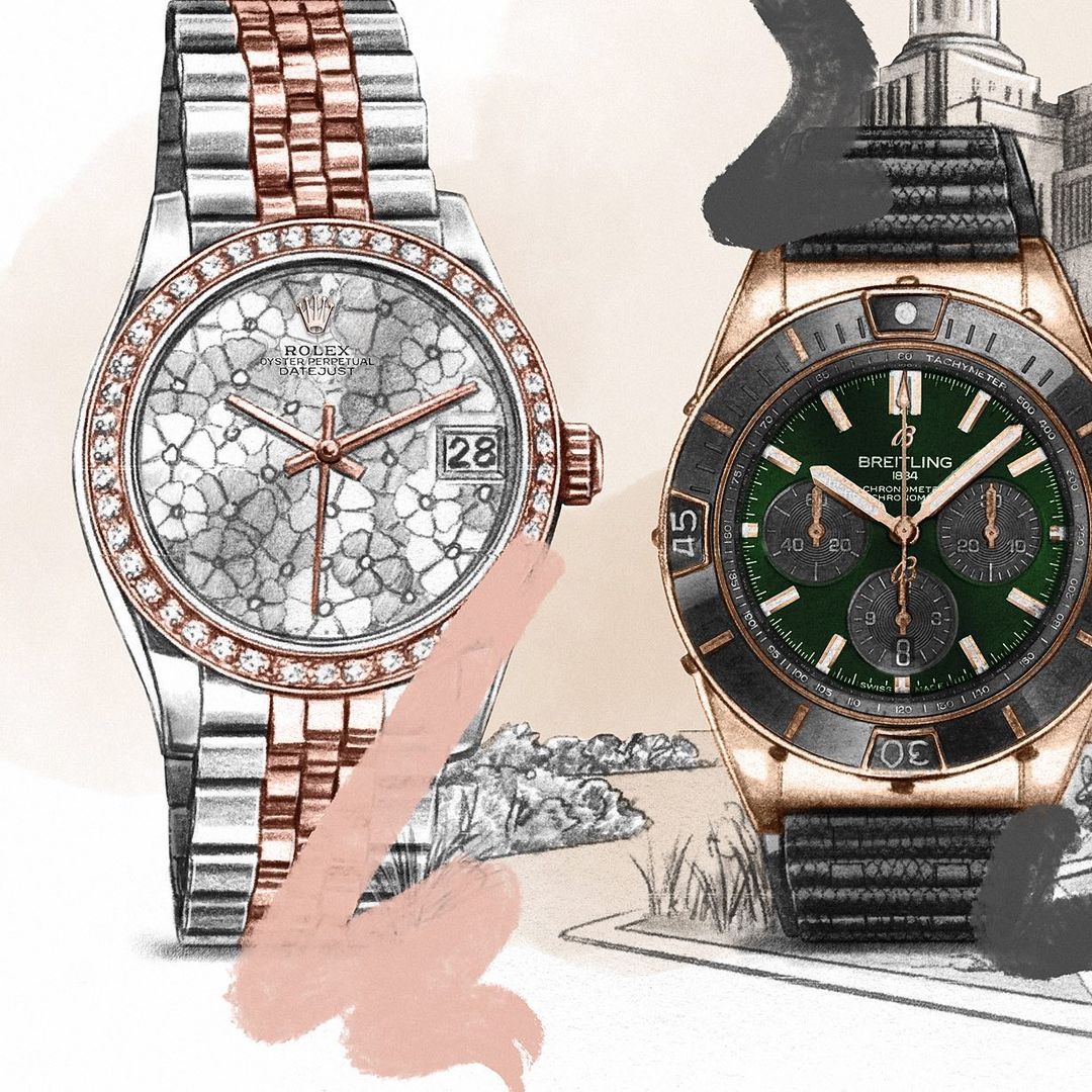 Illustration of two luxury watches, a Rolex and a Breitling, with silver, gold, and black colors against a neutral background.