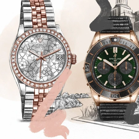 Illustration of two luxury watches, a Rolex and a Breitling, with silver, gold, and black colors against a neutral background.