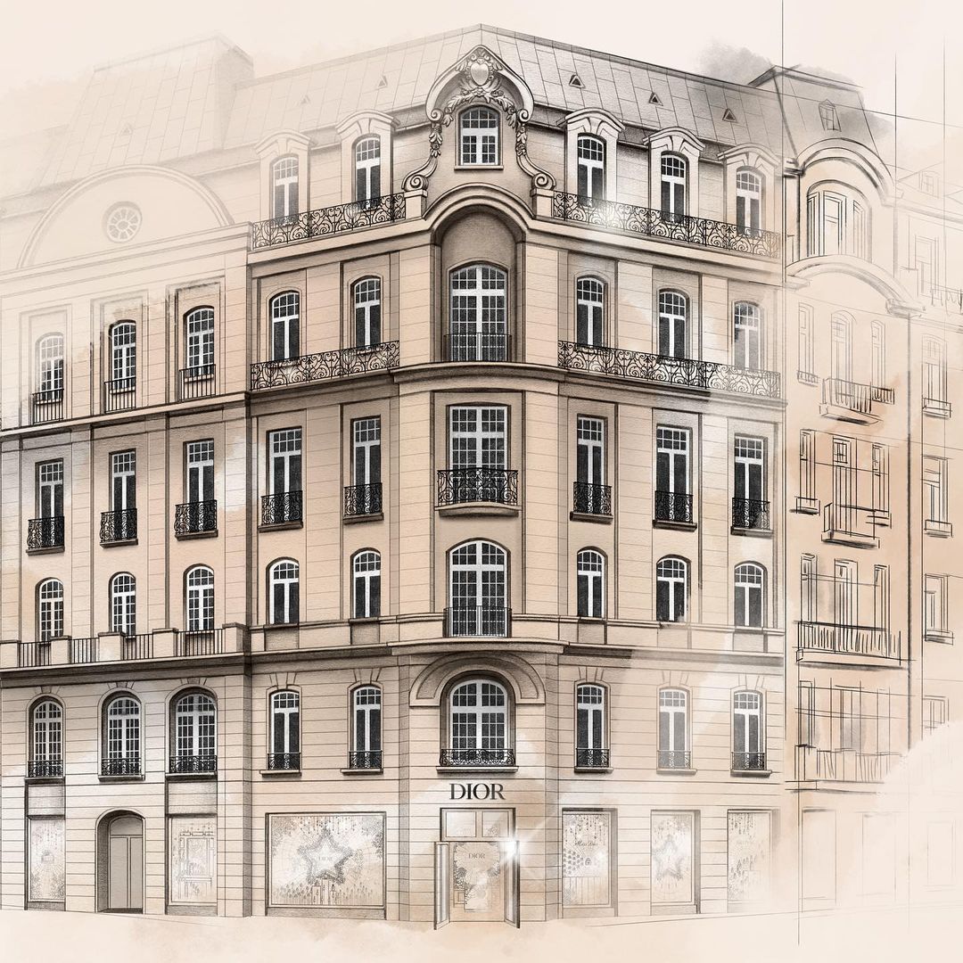 Illustration of a multi-story building with a DIOR storefront on the ground floor, showcasing architectural detail and design.