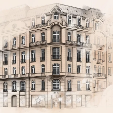 Illustration of a multi-story building with a DIOR storefront on the ground floor, showcasing architectural detail and design.