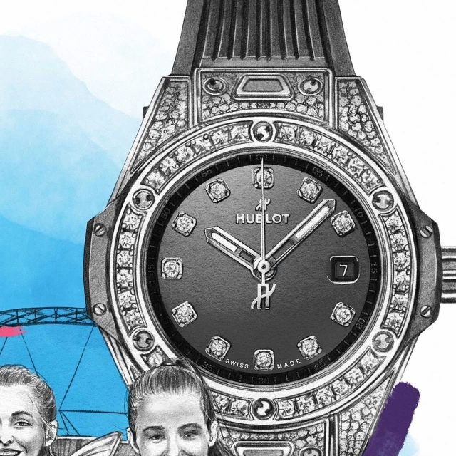 Close-up pencil drawing of a Hublot wristwatch with diamond detailing, set against a backdrop of sketched people and structures.