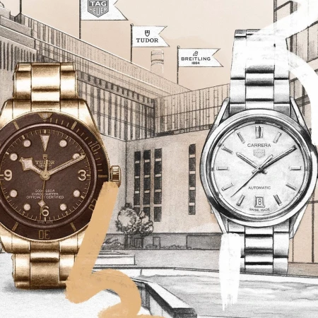 Illustration of two wristwatches with metal bracelets, building exterior, and flags with watch brand logos.