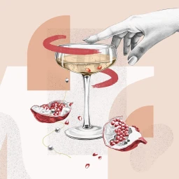 Illustrated collage featuring a coupe glass of champagne, sliced pomegranate, and a hand pointing downward.