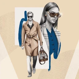 Fashion illustration by Ewelina Dymek featuring a man in a tan trench coat and a woman wearing sunglasses and a plaid blazer.