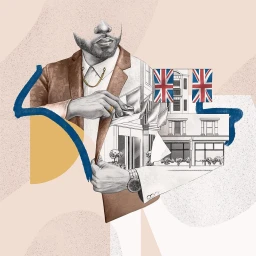 Detailed pencil and ink illustration of a bearded man in a suit with British flag imagery embedded within his jacket by Ewelina Dymek.