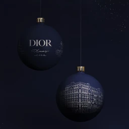 Two dark blue spherical Christmas ornaments hanging against a dark night sky background with faint stars.