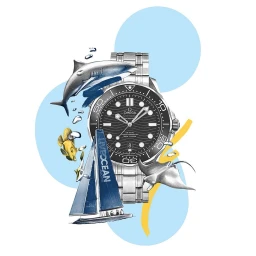 Illustrated composition featuring a wristwatch surrounded by aquatic elements, a shark, stingray, and sailboat against light blue circles.