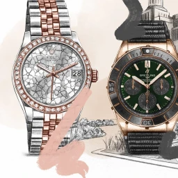 Two luxury wristwatches illustrated side by side against a sketched background with pastel brush strokes.