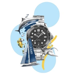 Illustrated luxury diving watch surrounded by aquatic elements and blue graphic shapes by Ewelina Dymek