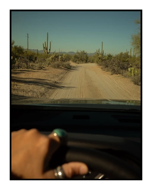 Driving through the Arizona desert with saguaro cacti under a clear blue sky, steering wheel and a hand with rings visible.