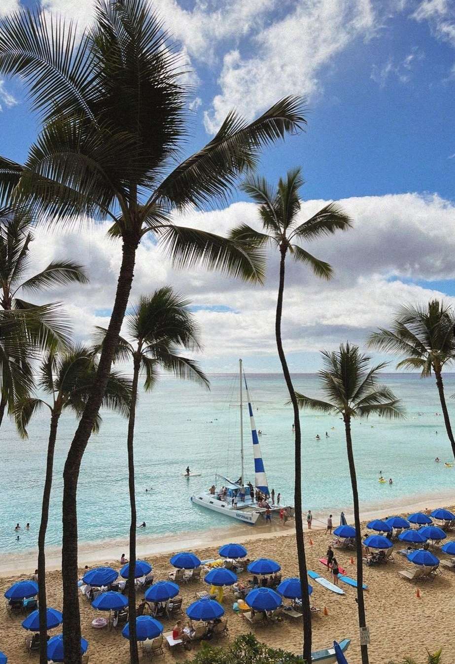 Tropical beach scene with palm trees, blue umbrellas, and a catamaran boat on the shore under a partly cloudy sky.