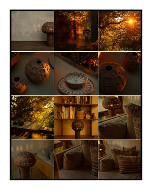 Collage of nine images featuring lit ceramic mushroom lamps in interior settings, showcasing warm lighting and domestic scenes.