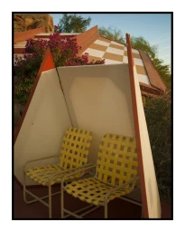 Two yellow woven lawn chairs placed inside a white and orange tent shelter outdoors.