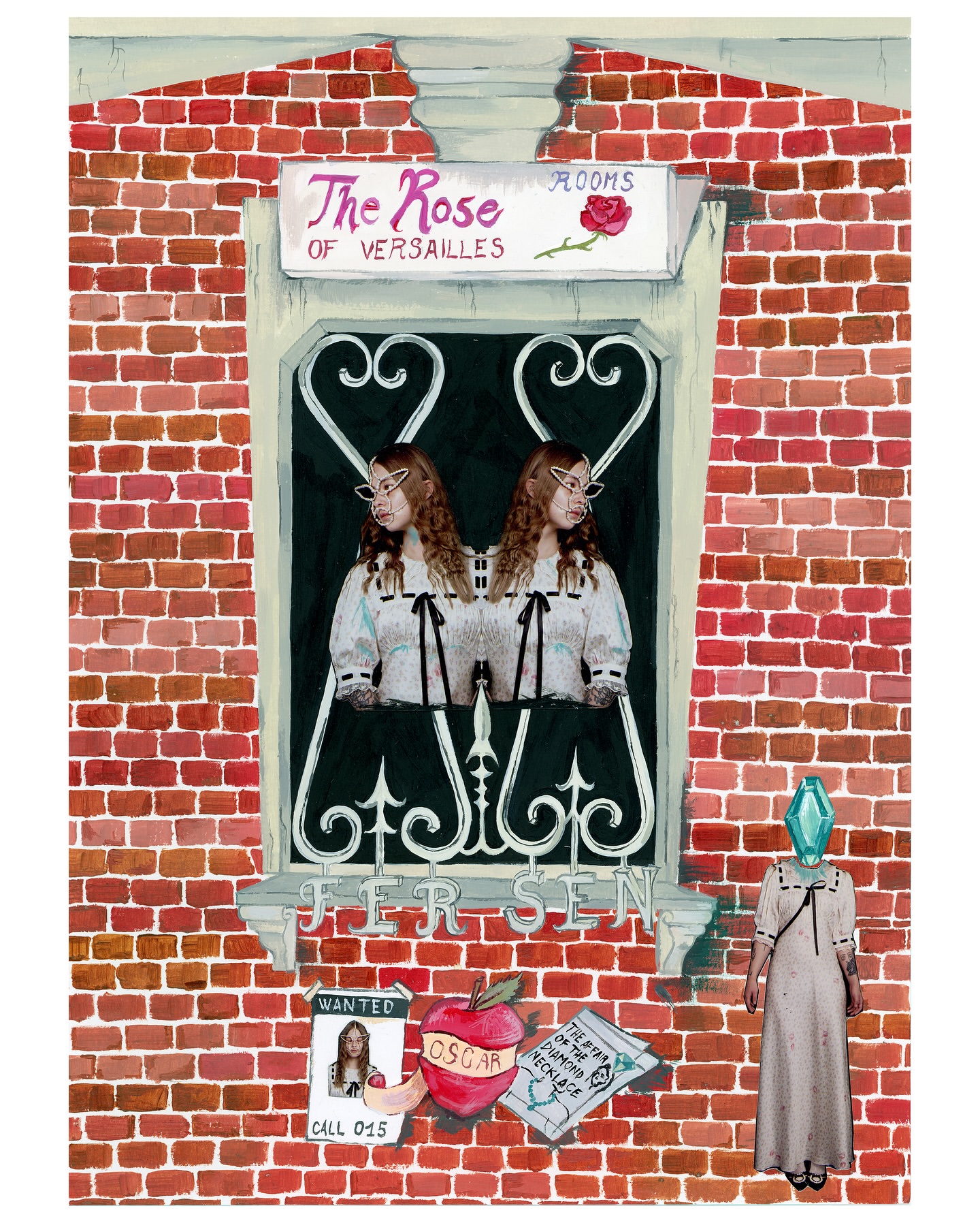Surreal artwork shows mirrored twin women in window, brick wall, and paper cut-out figurines with a painted, whimsical aesthetic.
