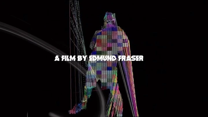 Abstract figure in a digital art creation on a black background with light trails and the text, 'A film by Edmund Fraser'.