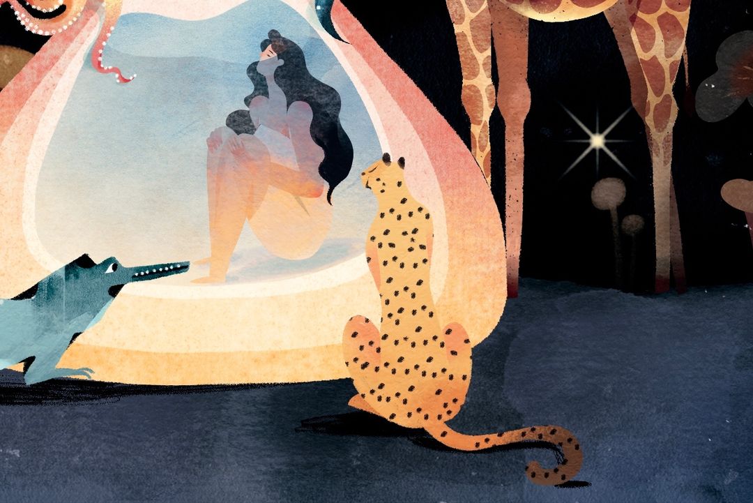 Illustration of a woman seated in a bubble surrounded by a crocodile, octopus, cheetah, and giraffe, with a dark blue background.