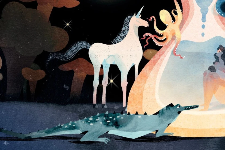 Enchanting illustration of a unicorn, octopus, crocodile, and person under a fantastical tree with stars in a dark, dreamlike environment.
