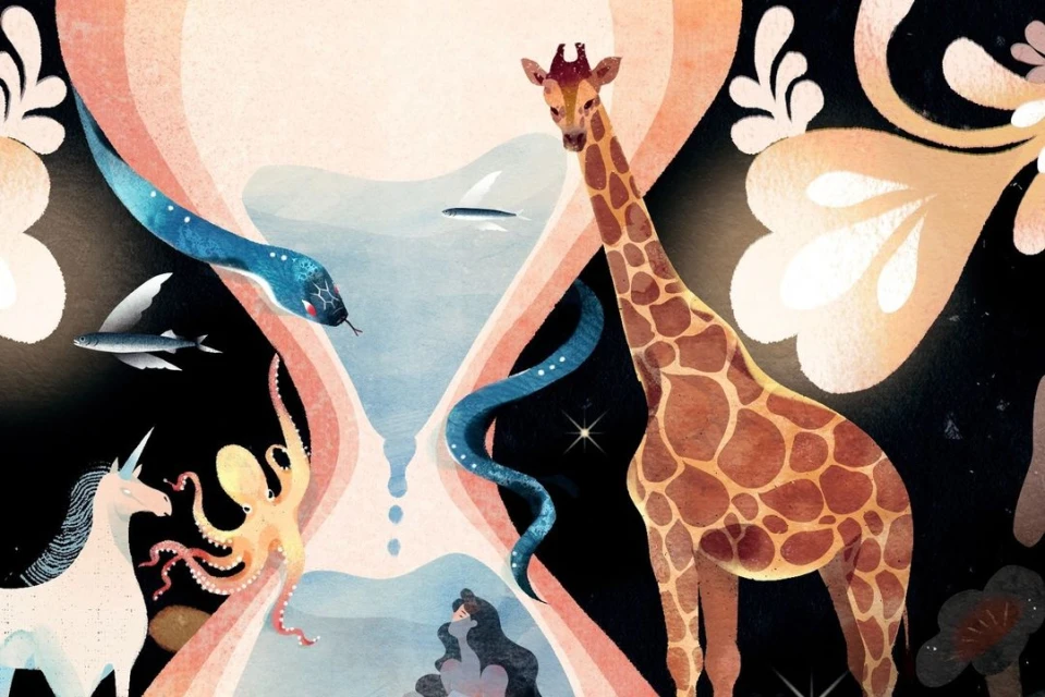 Illustration of giraffe, unicorn, octopus, and snake in an hourglass shape against a black background with floral and star elements.