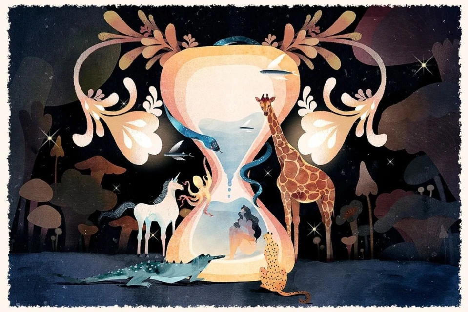 Surreal illustration featuring a woman inside an hourglass surrounded by animals like a giraffe, crocodile, and unicorn.