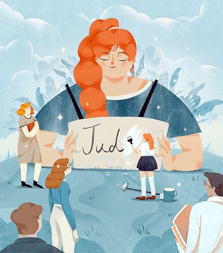 Whimsical illustration of a central female figure surrounded by smaller individuals, set against a backdrop of stylized clouds and foliage.