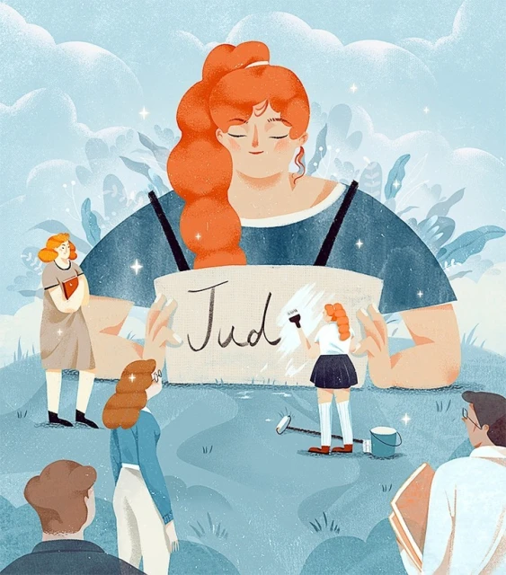 Whimsical illustration of a central female figure surrounded by smaller individuals, set against a backdrop of stylized clouds and foliage.