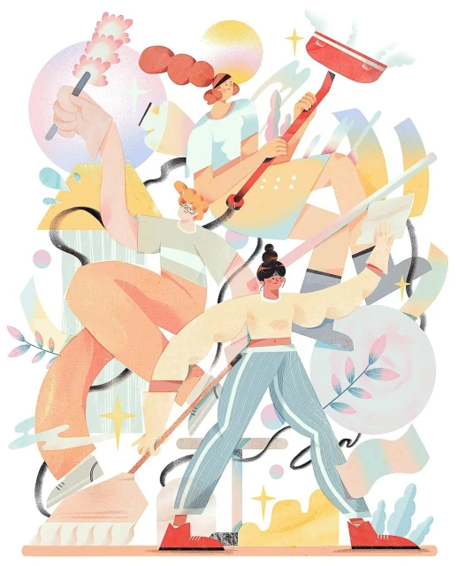 Illustration features three women cleaning with a duster, mop, and squeegee, set against a colorful abstract background with geometric shapes.