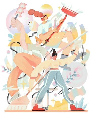 Illustration features three women cleaning with a duster, mop, and squeegee, set against a colorful abstract background with geometric shapes.