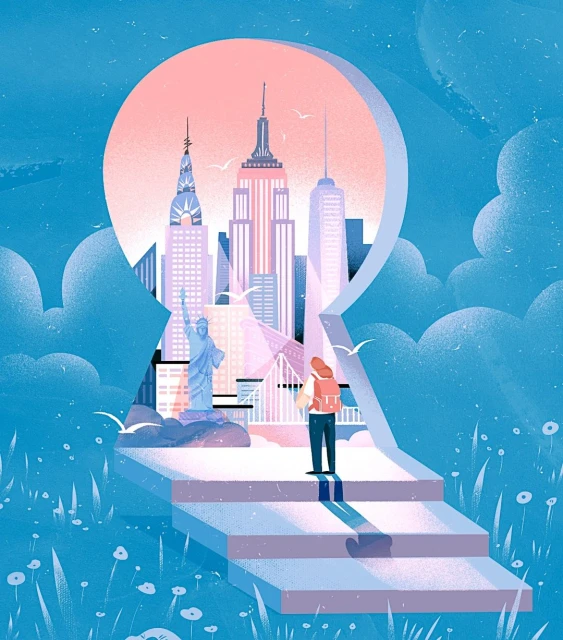 Illustration of a woman standing on steps leading to New York City, seen through a keyhole shape, with clouds and blue sky.