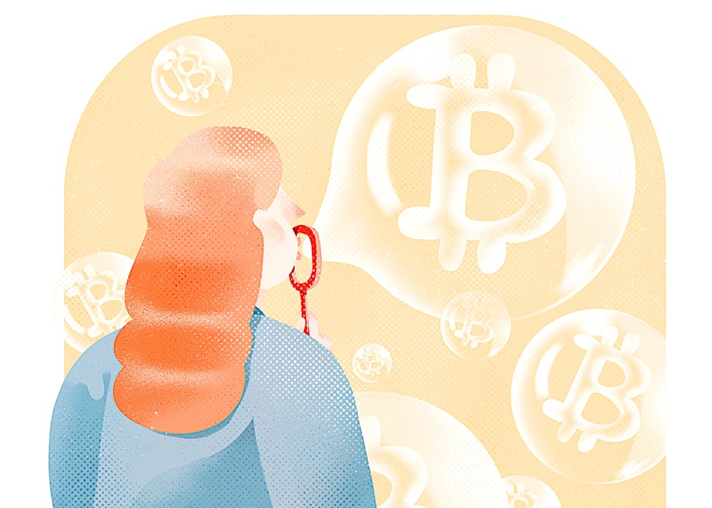 Illustration of a woman blowing bubbles with Bitcoin logos inside, symbolizing the volatile cryptocurrency market.