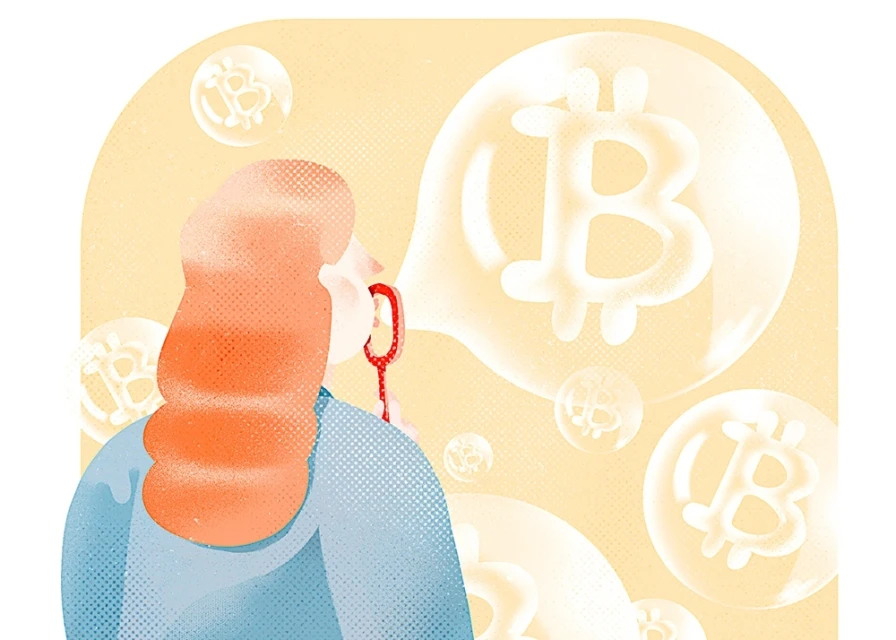 Illustration of a woman blowing bubbles with Bitcoin logos inside, symbolizing the volatile cryptocurrency market.