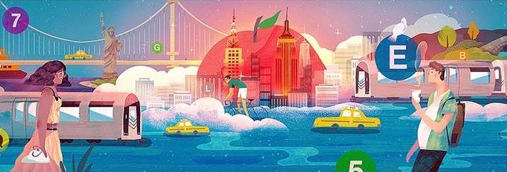 Illustration of New York City landmarks with a woman, man, subway cars, yellow taxis, and stylized water. Tourist travel theme.