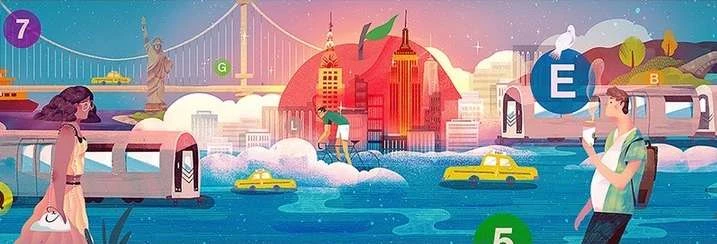 Illustration of New York City landmarks with a woman, man, subway cars, yellow taxis, and stylized water. Tourist travel theme.