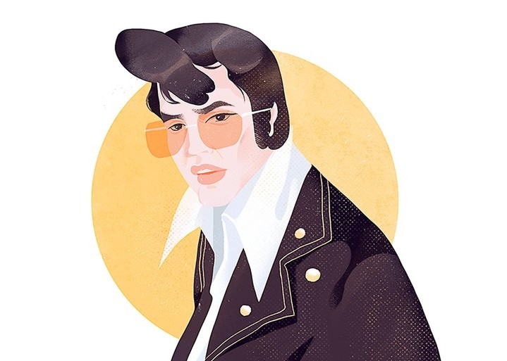 Illustration of a man with dark hair, wearing orange sunglasses, a white collared shirt, and a black jacket against a yellow background.