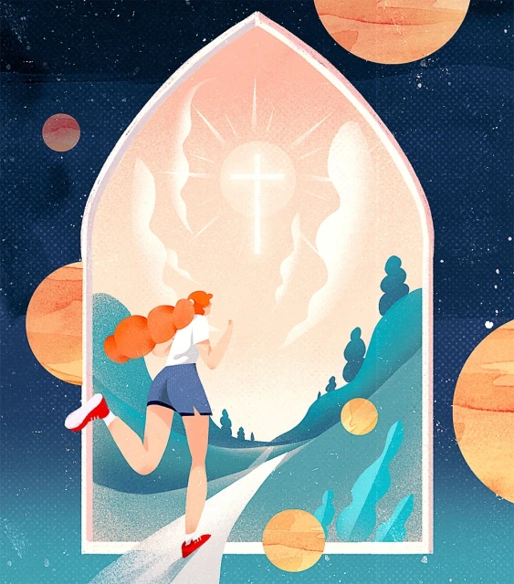 Illustration of a woman running toward a glowing cross set against a backdrop of rolling hills and celestial bodies, framed by an arch.