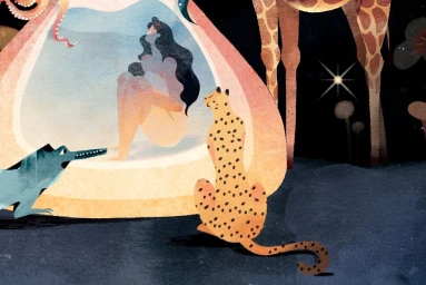 Surreal digital illustration by Dola Sun featuring a seated woman inside a translucent dome surrounded by a cheetah, crocodile, and giraffe