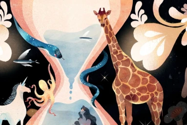 Surreal digital illustration by Dola Sun featuring a giant hourglass with animals including a giraffe, snake, and octopus