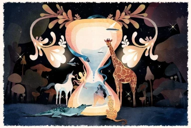 Surreal digital illustration by Dola Sun featuring a giant glowing hourglass surrounded by fantastical animals and a dark cosmic background.