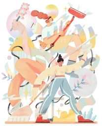 Colorful digital illustration by Dola Sun depicting three stylized figures cleaning with a broom, mop, and feather duster.