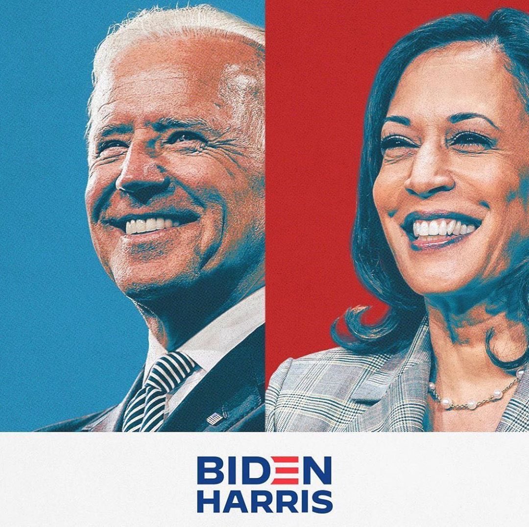 Portrait of Joe Biden and Kamala Harris split by red and blue background, with Biden on the left and Harris on the right.