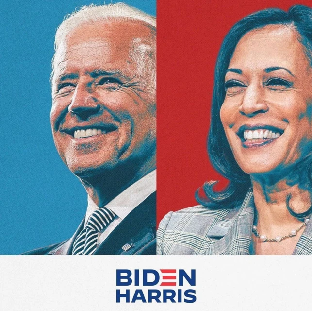 Portrait of Joe Biden and Kamala Harris split by red and blue background, with Biden on the left and Harris on the right.