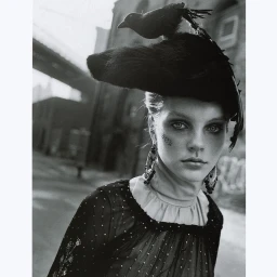 Monochrome portrait of a woman wearing a black taxidermy bird hat and beaded earrings against an urban street background.