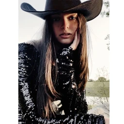 Portrait of a woman wearing a black cowboy hat and a sequined black top against an outdoor natural background.