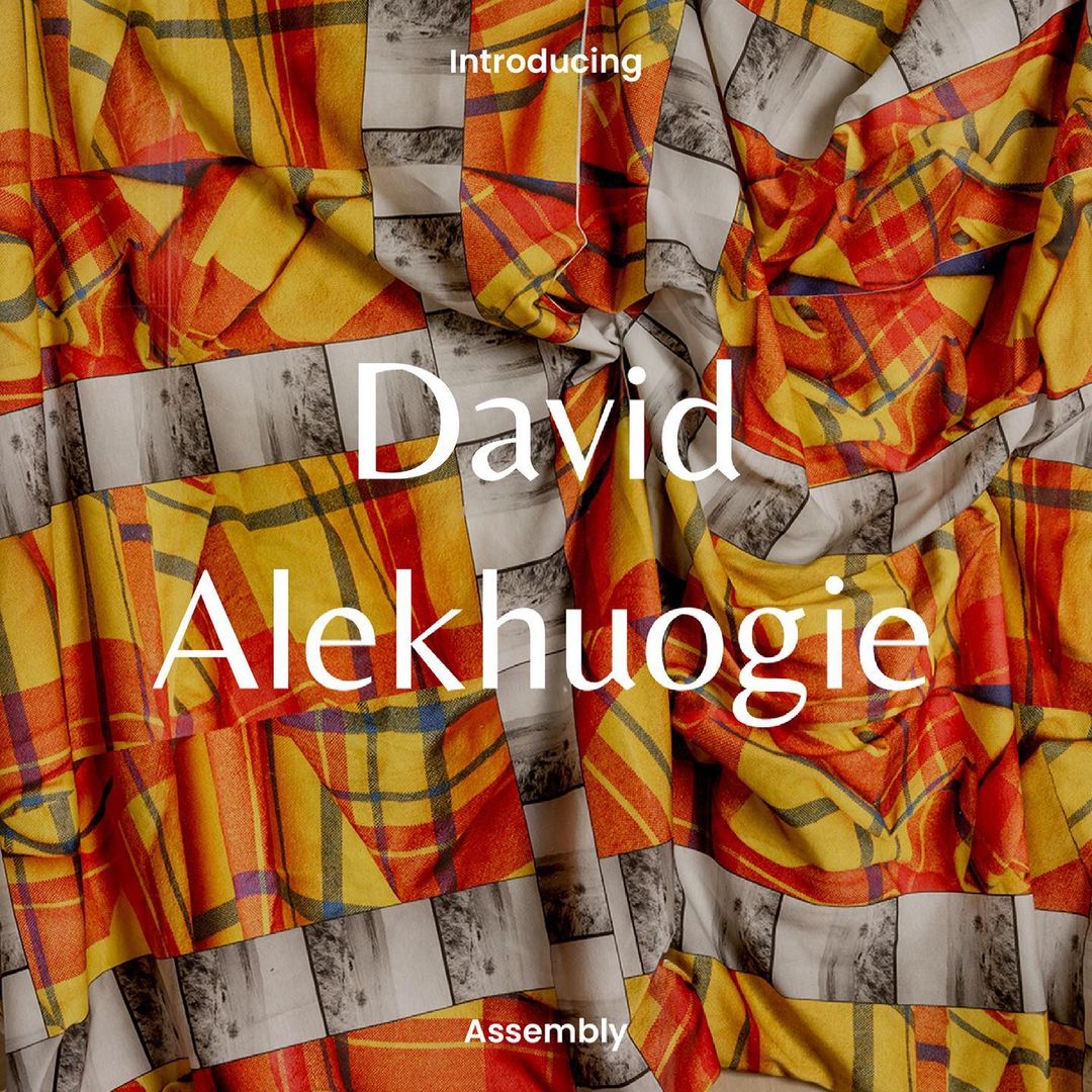 Abstract promotional image with draped fabric in yellow, red, grey, and white plaid, featuring bold text overlay 'David Alekhuogie'.