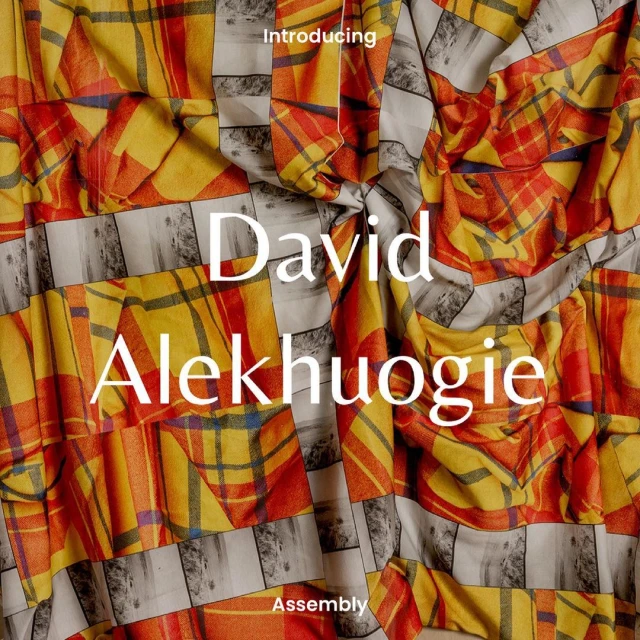 Abstract promotional image with draped fabric in yellow, red, grey, and white plaid, featuring bold text overlay 'David Alekhuogie'.